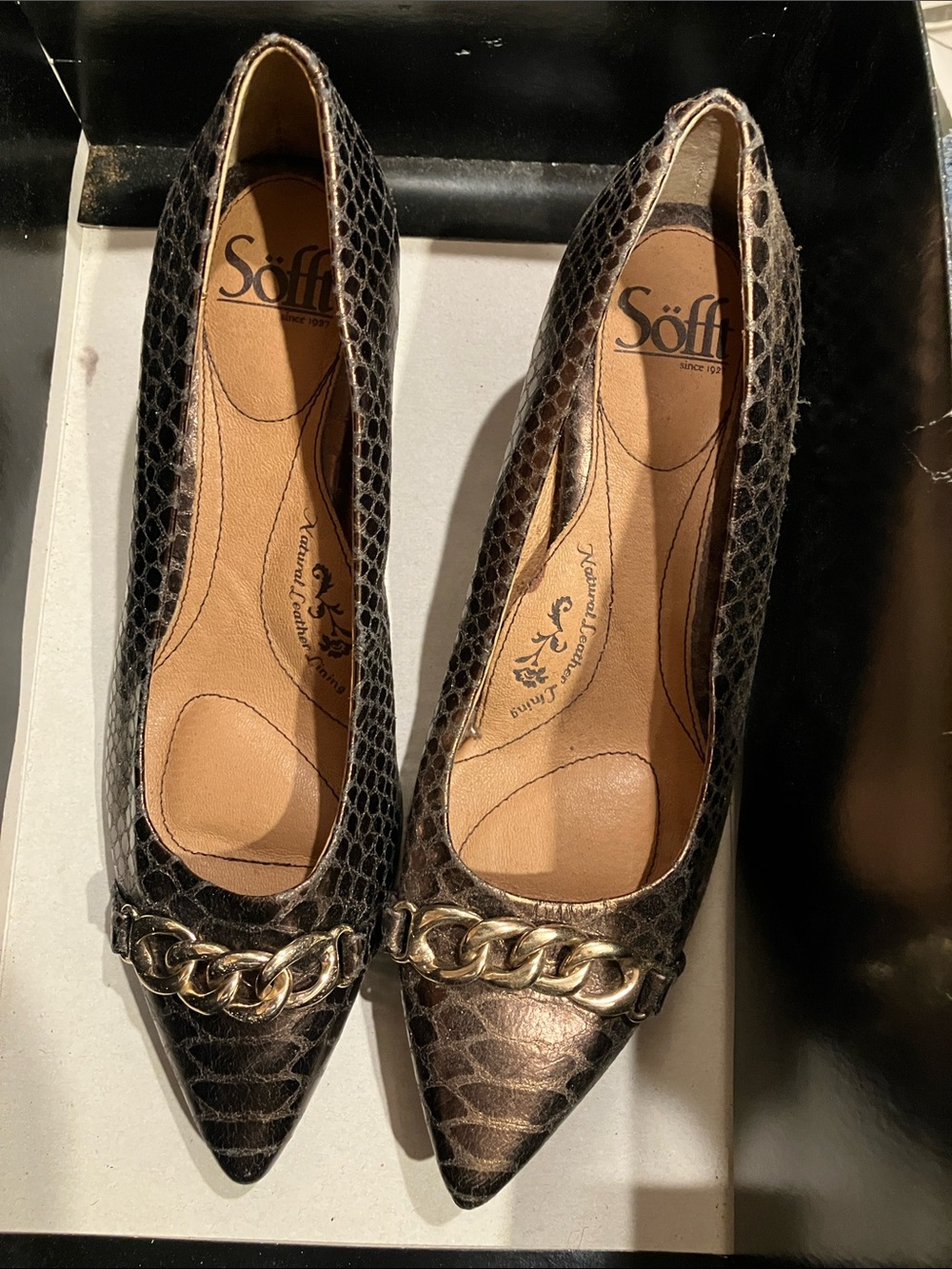 Sofft Metallic Black Snakeskin-Print Pointed Toe Wedges with Gold Chain